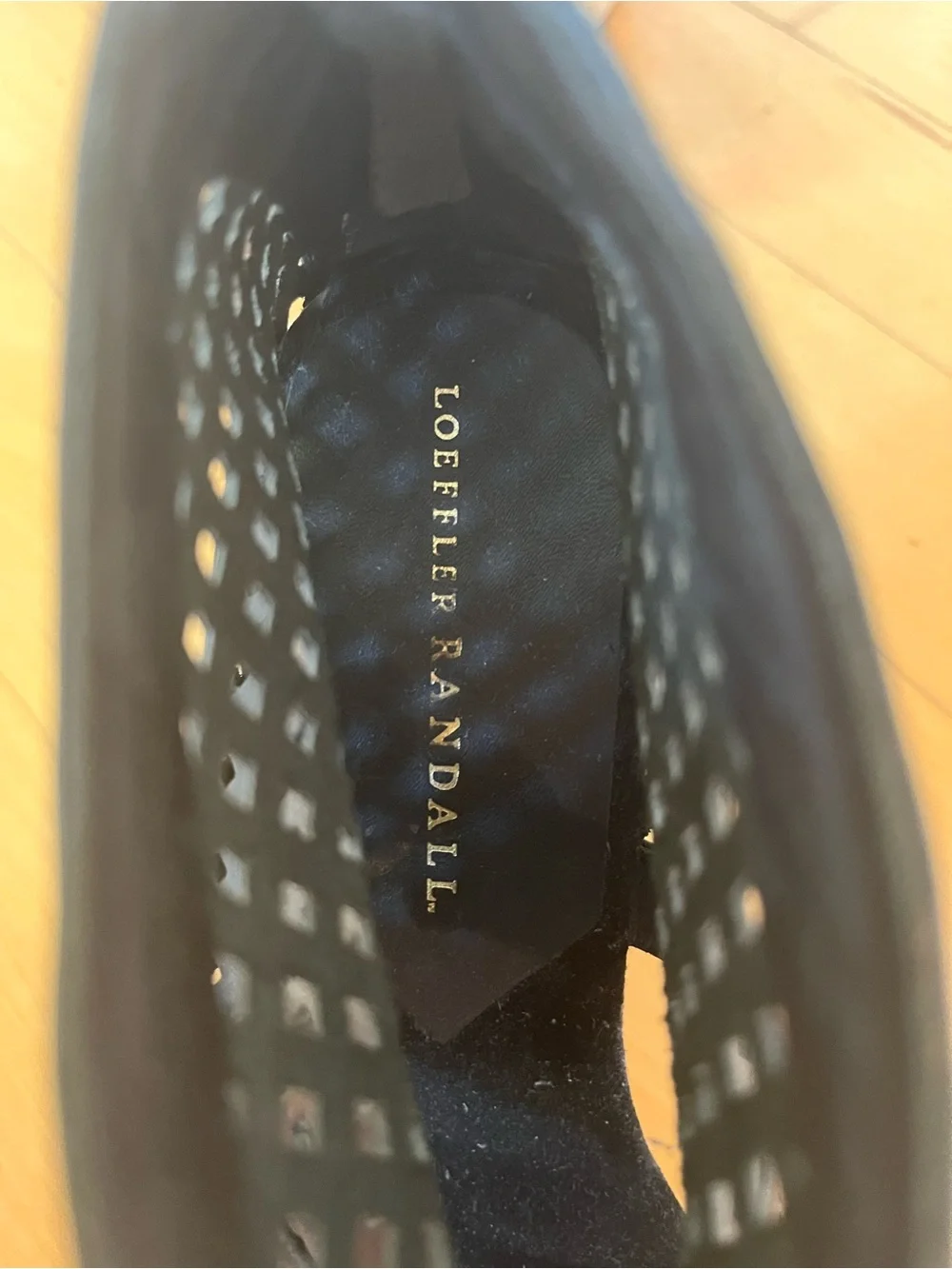 Loeffler Randall Perforated Black Leather Platform Sandal with Wooden Heels 7.5